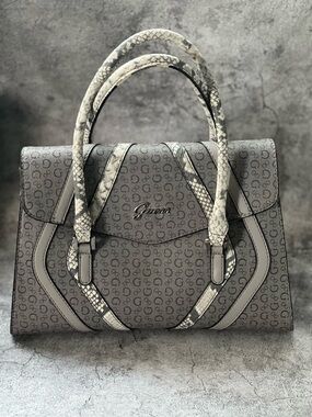 EUC Guess Gray Logo Satchel with Snake-Print Accents and Crossbody Strap